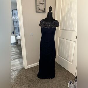 Xscape Navy Blue Maxi Dress with Embellished Neckline